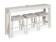 Ashley Furniture Robbinsdale counter height dining table with three matching barstools, featuring a wood finish and modern design.