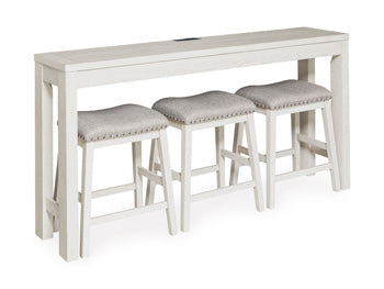 Ashley Furniture Robbinsdale counter height dining table with three matching barstools, featuring a wood finish and modern design.