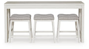 Ashley Furniture Robbinsdale counter height dining table with three matching barstools, wood finish and modern design.