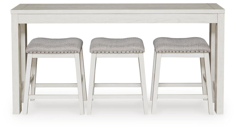 Ashley Furniture Robbinsdale counter height dining table with three matching barstools, wood finish and modern design.