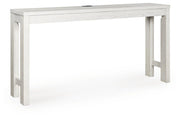 Ashley Furniture Robbinsdale counter height dining table with three matching barstools, shown from an angle in a modern dining room setting.