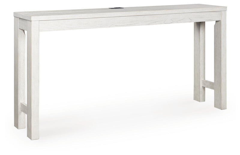 Ashley Furniture Robbinsdale counter height dining table with three matching barstools, shown from an angle in a modern dining room setting.