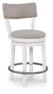 Two Robbinsdale counter height barstools by Ashley Furniture with wooden legs and upholstered seats, shown from an angled side view.