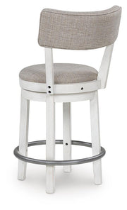Two Robbinsdale counter height barstools from Ashley Furniture with dark wood finish and cushioned seats, shown from the back.