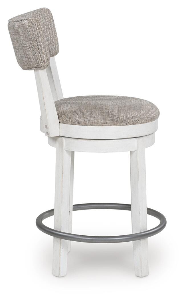 Set of two Robbinsdale counter height barstools by Ashley Furniture, featuring wooden legs and upholstered seats, shown from the side.