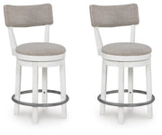 Two Robbinsdale counter height barstools by Ashley Furniture with wooden legs and upholstered seats, angled view.