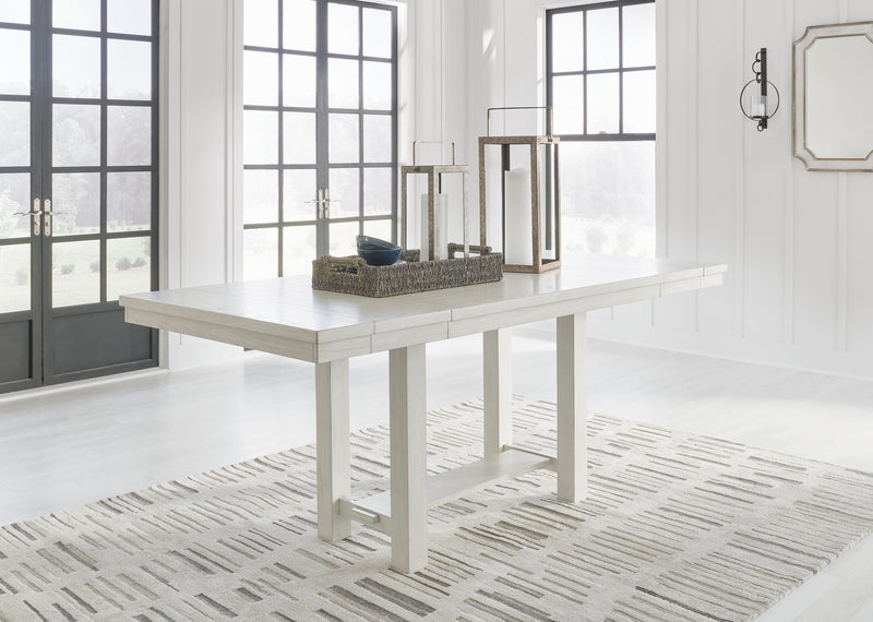 Ashley Furniture Robbinsdale dining package with casual seating set featuring leaves pattern in neutral tones.