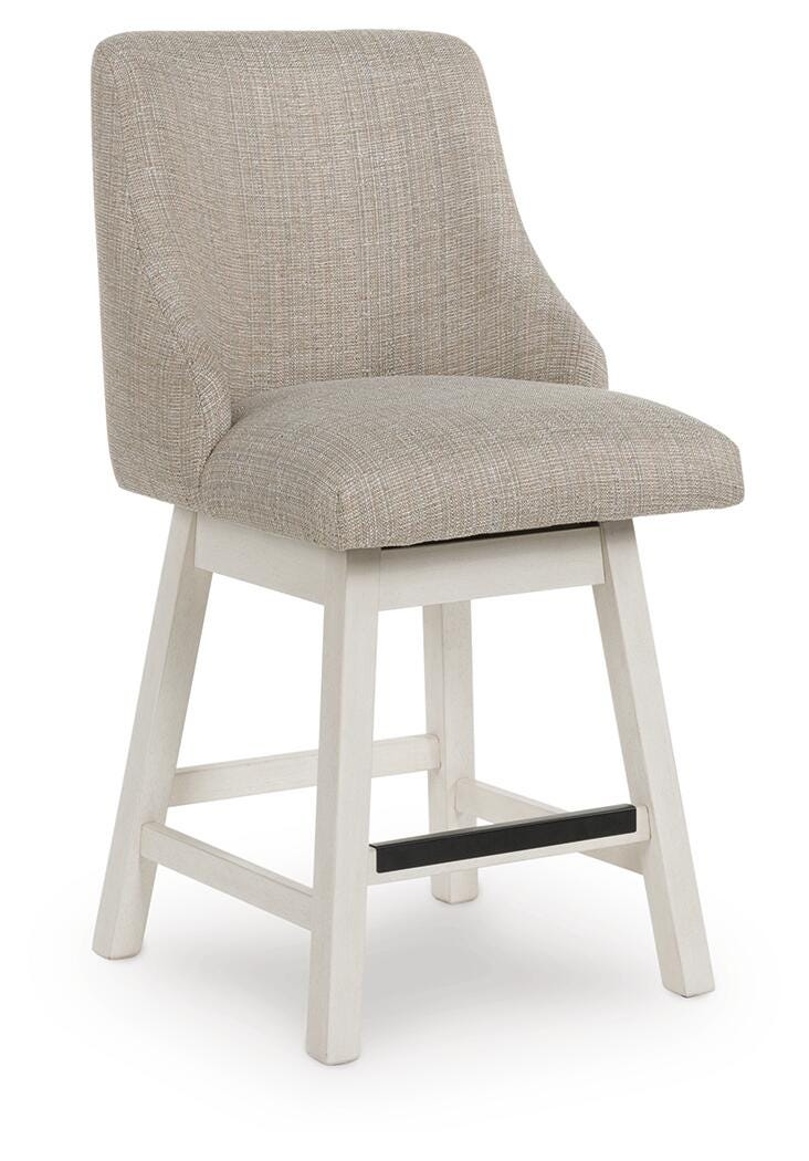 Set of two Robbinsdale counter height barstools by Ashley Furniture, featuring wooden seats and metal legs, angled view.
