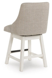 Two Robbinsdale Ashley Furniture counter height barstools with backrests, dark wood finish, and upholstered seats, view from the back.