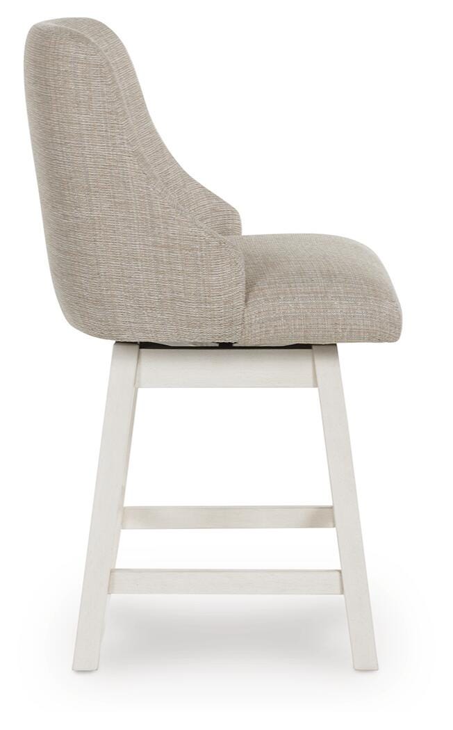 Pair of Robbinsdale Ashley Furniture counter height barstools with wooden legs and cushioned seats, shown from side view.