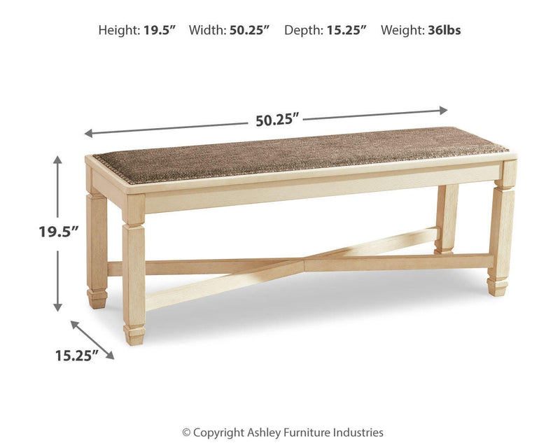 Ashley Furniture Bolanburg dining bench with wooden legs and upholstered seat, ideal for kitchen or dining room seating.