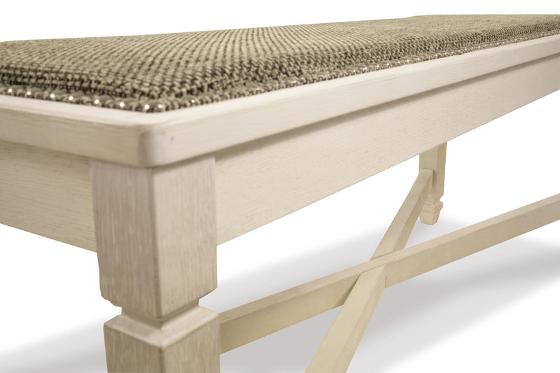 Ashley Furniture Bolanburg Dining Bench showing a close-up of the wooden seat and sturdy legs in a natural finish.