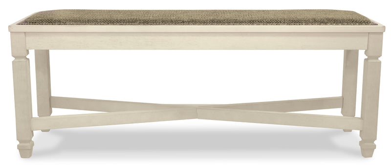 Ashley Furniture Bolanburg dining bench with wooden legs and upholstered seat, shown from a head-on angle.