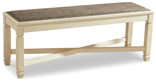 Ashley Furniture Bolanburg dining bench with wooden frame and cushioned seat, shown in a modern kitchen setting.