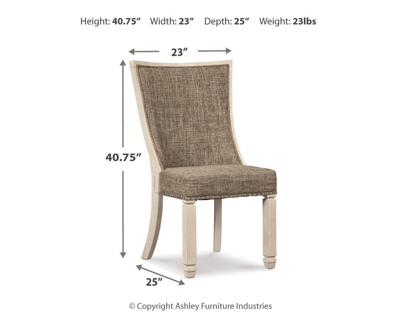 Ashley Furniture Bolanburg dining chair with cushioned seat and backrest, dark wood legs, and a classic, elegant design.