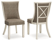 Ashley Furniture Bolanburg dining chair with upholstered seat and wooden legs, shown in a warm brown finish.