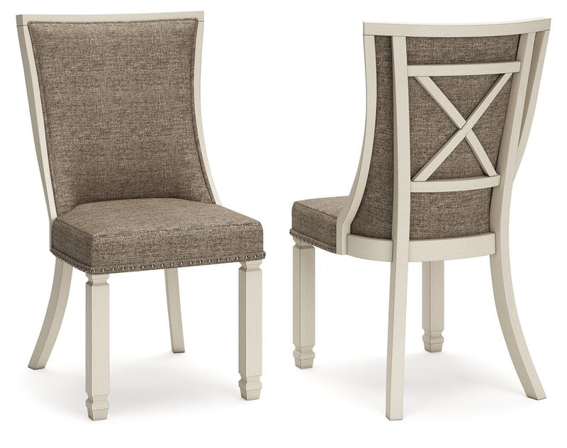 Ashley Furniture Bolanburg dining chair with upholstered seat and wooden legs, shown in a warm brown finish.