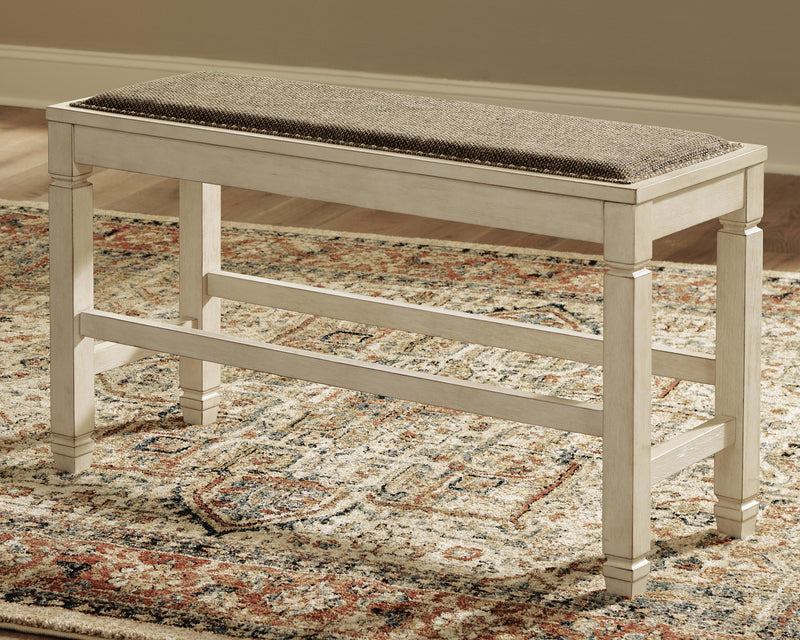 Ashley Furniture Bolanburg counter height dining bench with wooden seat and sturdy legs, designed for kitchen or dining room use.