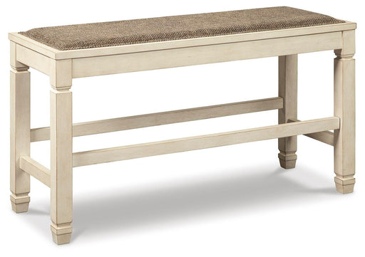 Ashley Furniture Bolanburg counter height dining bench with wood finish, angled view showing sturdy frame and comfortable seating.