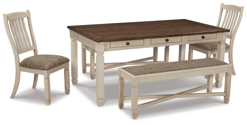 Ashley Furniture Bolanburg dining room set with a wooden table and matching chairs, shown in a well-lit dining space.