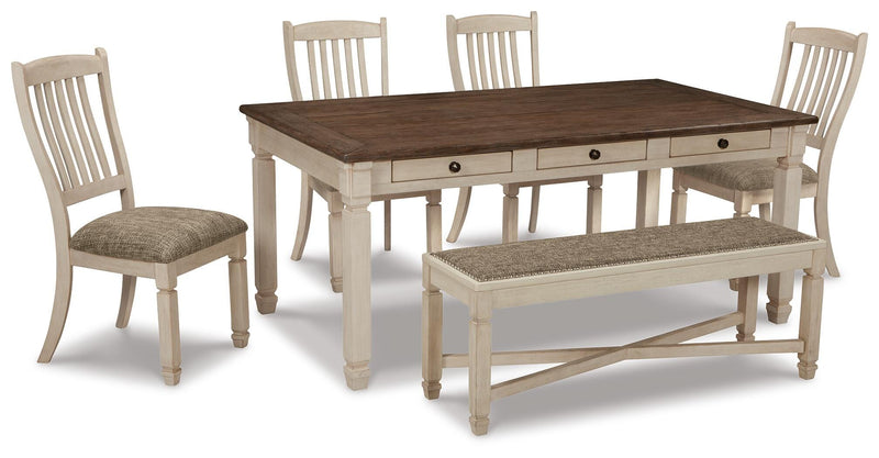 Ashley Furniture Bolanburg dining room set with a wooden table and matching chairs, showcased in a modern dining space.