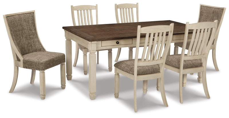 Ashley Furniture Bolanburg dining room set with a rectangular table and six upholstered chairs in a modern dining space.