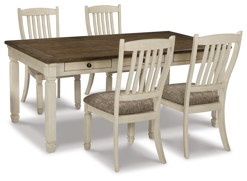 Ashley Furniture Bolanburg dining room set with a table and matching chairs, featuring a rustic wood finish and classic design.