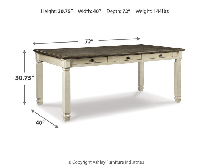 Ashley Furniture Bolanburg dining table with a rustic wood finish, shown in a spacious dining room setting.