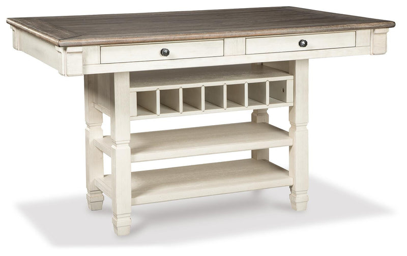 Ashley Furniture Bolanburg counter height dining table with dark wood finish, showcasing sturdy legs and a spacious tabletop.