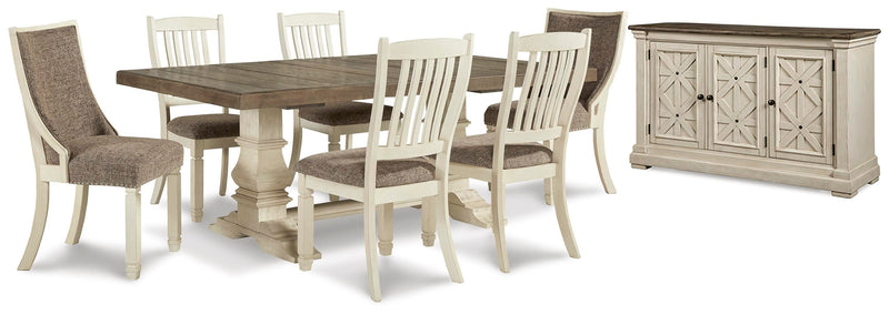 Ashley Furniture Bolanburg dining room set with a table and matching chairs, featuring a sleek wood finish and modern design.