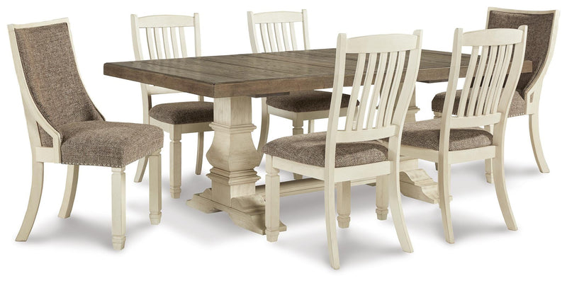 Ashley Furniture Bolanburg dining room set with wooden table and six upholstered chairs in a contemporary design