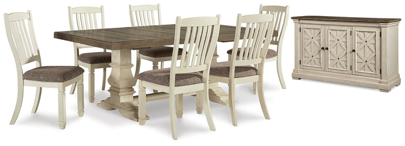 Ashley Furniture Bolanburg dining room set with a rectangular table and six upholstered chairs, showcasing a modern wooden design.