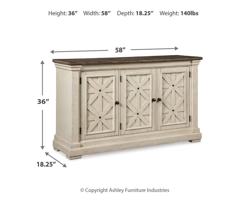Ashley Furniture Bolanburg dining server with a warm wood finish, featuring drawers and cabinets for storage.