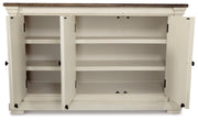 Open Ashley Furniture Bolanburg dining server with storage drawers and shelves, featuring a dark wood finish and modern design.