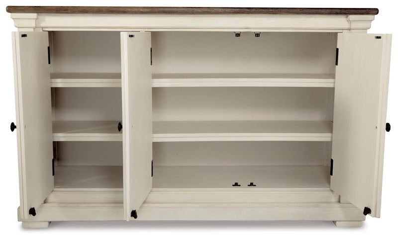 Open Ashley Furniture Bolanburg dining server with storage drawers and shelves, featuring a dark wood finish and modern design.
