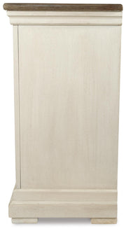 Ashley Furniture Bolanburg dining server with a sleek wood finish and multiple storage compartments, shown from a side angle.