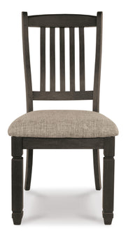 Ashley Furniture Tyler Creek dining room set with a rectangular table and six upholstered chairs, shown from a front head-on view.