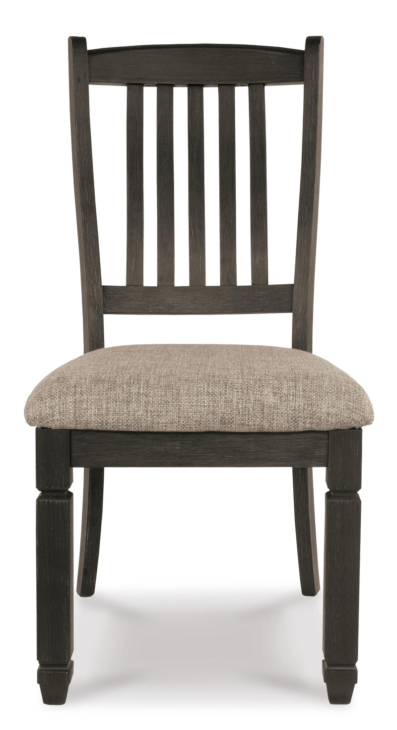 Ashley Furniture Tyler Creek dining room set with a rectangular table and six upholstered chairs, shown from a front head-on view.