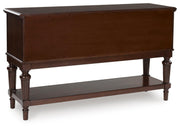 Ashley Furniture Lavinton dining server with dark wood finish, featuring multiple drawers and cabinets for storage.