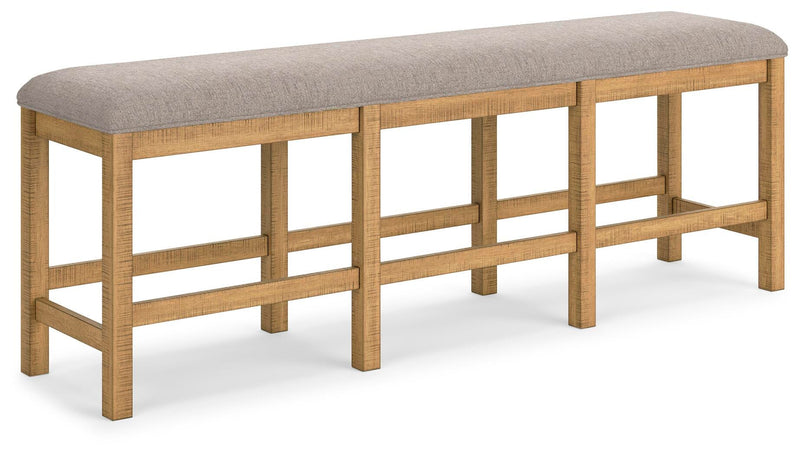 Ashley Furniture Havonplane 72-inch counter height dining bench with wooden legs and upholstered seat, angled view.