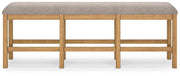 Back view of the Ashley Furniture Havonplane 72-inch counter height dining bench with wooden legs and upholstered seat.