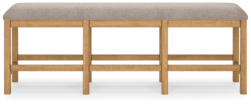 Back view of the Ashley Furniture Havonplane 72-inch counter height dining bench with wooden legs and upholstered seat.