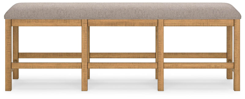 Ashley Furniture Havonplane 72-inch counter height dining bench with wooden legs and upholstered seat for casual dining spaces.