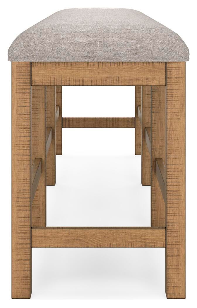 Ashley Furniture Havonplane 72-inch counter height dining bench with wooden legs and upholstered seat, shown from side view.