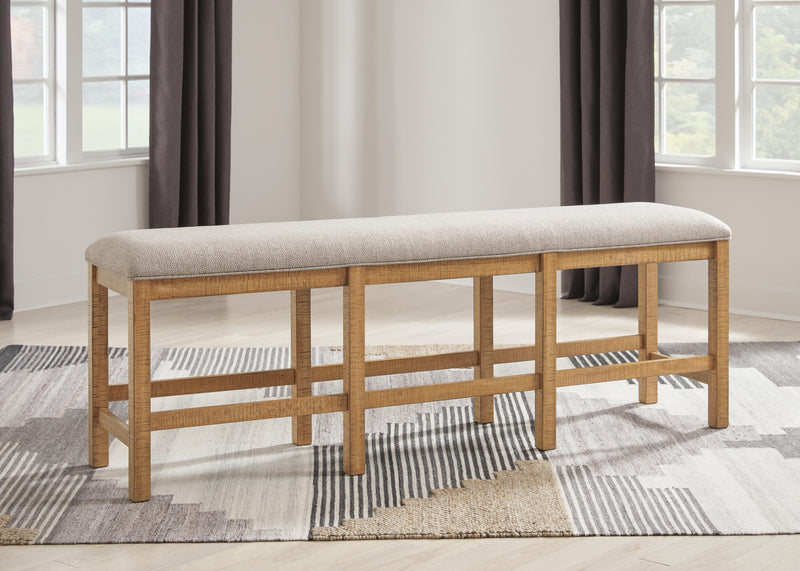 Ashley Furniture Havonplane 72-inch counter height dining bench with wooden legs and upholstered seat for modern dining rooms.