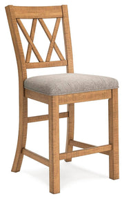 Ashley Furniture Havonplane counter height barstool with wooden legs and a cushioned seat, shown from an angled side view.
