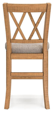 Ashley Furniture Havonplane counter height barstool with wooden legs and a cushioned seat, shown from the back.