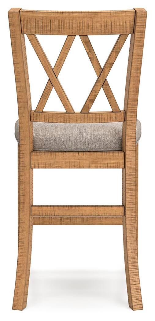 Ashley Furniture Havonplane counter height barstool with wooden legs and a cushioned seat, shown from the back.
