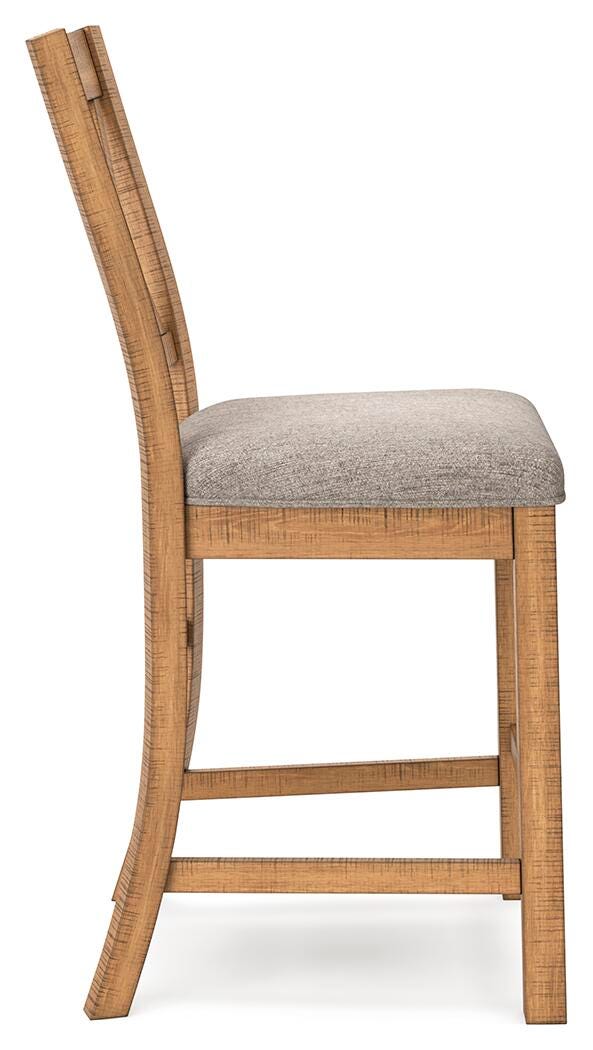 Ashley Furniture Havonplane counter height barstool with wooden legs and upholstered seat, shown from a side view.