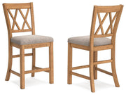 Ashley Furniture Havonplane counter height barstool with wooden legs and cushioned seat, angled view showcasing stylish design.